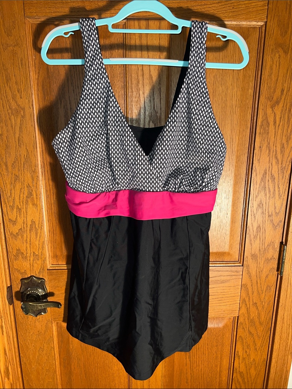 Black Swimdress with Pink Waistband and Patterned Top
